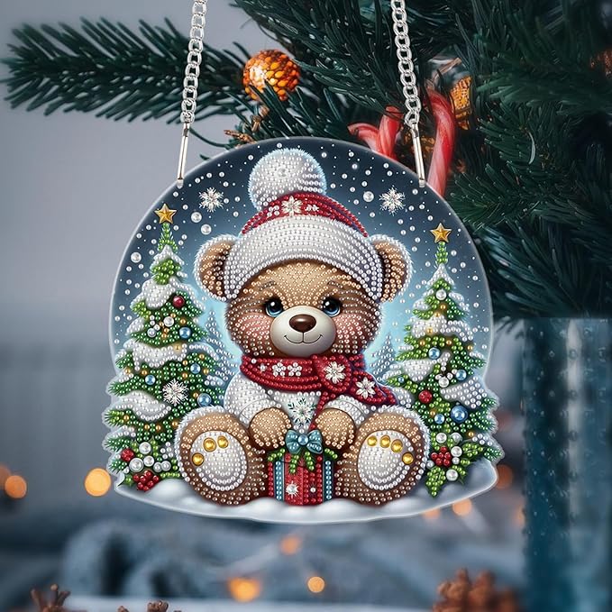 Christmas Diamond Painting Hanging Ornament Kit, 5D DIY Crystal Diamond Art Pendant with Bear Doll and Christmas Tree, Wall, Window & Door Decoration for Adults, Home Holiday Gift, 24.1 x 23.1 cm