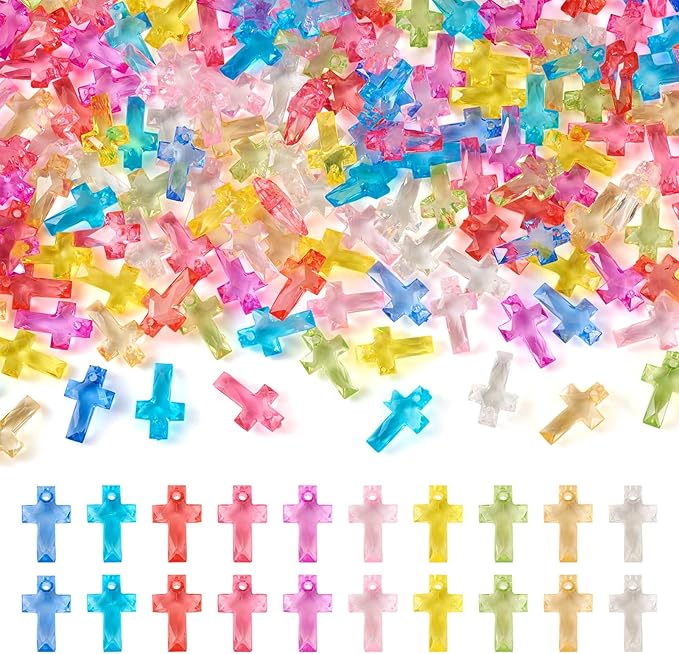 FASHEWELRY 300pcs Clear Acrylic Cross Beads Candy Color Cross Loose Beads Transparent Crosses Spacer Beads Easter Crucifix Loose Beads for Jewelry Making