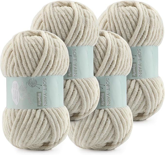 Chunky Chenille Yarn Velvet Soft Super Bulky Size 6 for Crocheting Knitting, Baby Blanket Yarn, 100g 71 Yds per Skein, Easy to Use for Scarves, Amigurumi, Crafts (4, Beige)