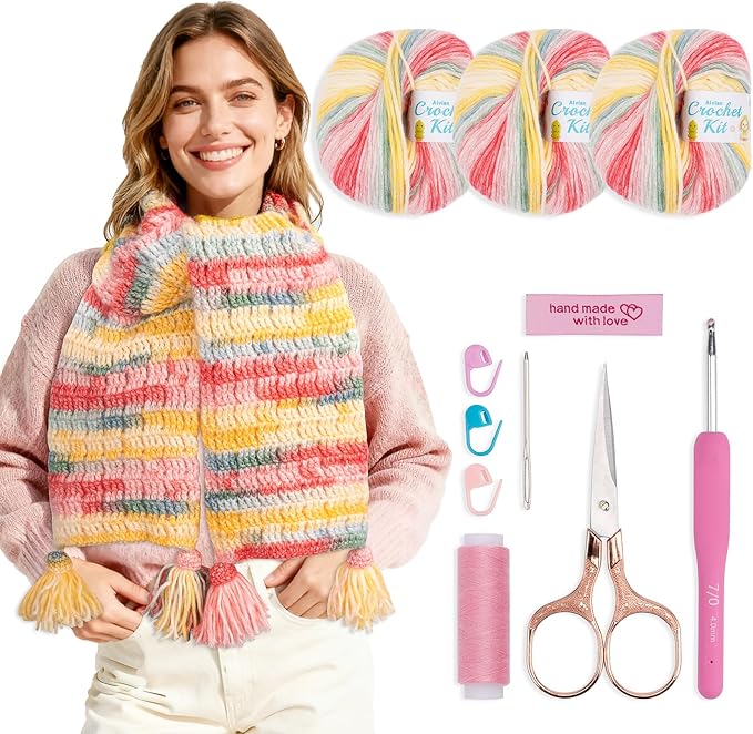 Alvian Scarf Crochet Kit for Beginners Crochet Starter Kits Craft Knitting with Step-by-Step Video Tutorials Handmade Gift for for Birthday, Anniversary, Valentines (Scarf Crochet Kit for Adults)