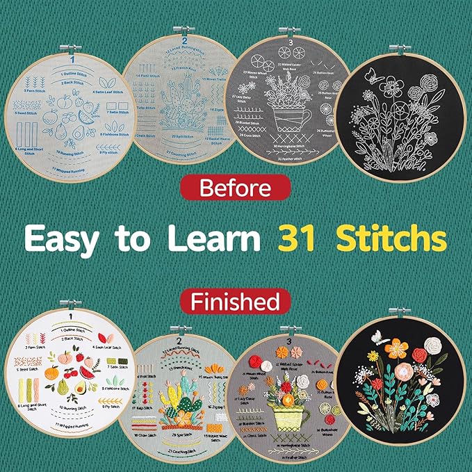 Meyocky Embroidery Kit for Beginners, 4 Pack Starter Embroidery Kits for Adults Learn 31 Stitches with Simple Patterns, Step-by-Step Video Stitch Practice Sampler Kit,Gift for Women Craft Lovers