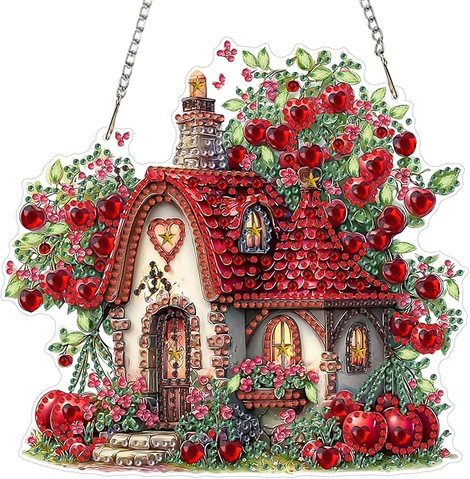 MXJSUA Cherries House Diamond Art Hanging Kits for Adults Beginners, Crystal Diamond Suncatchers, Special Shape Diamond Painting Pendant Window Ornament Gifts for Home Garden Door Wall Decor