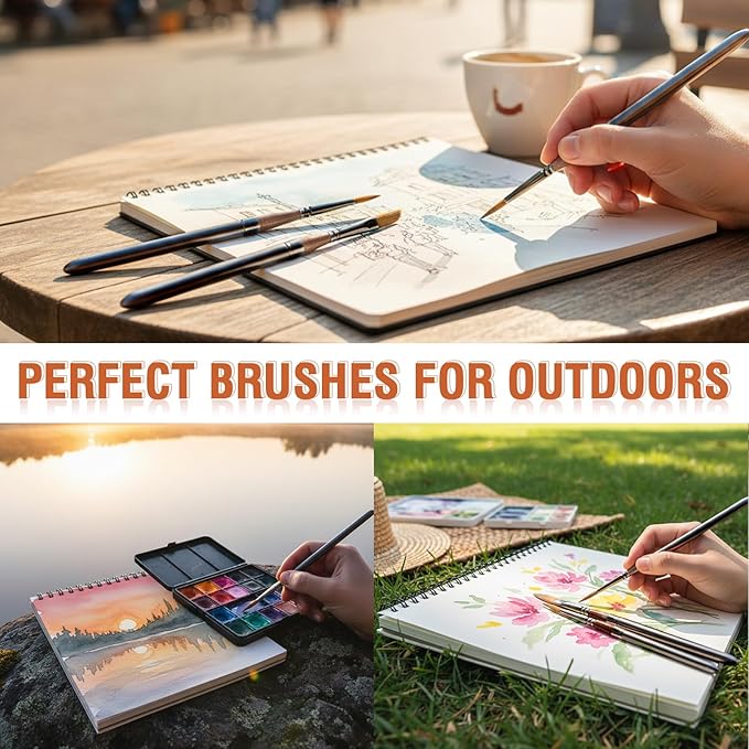 Falling in Art Travel Watercolor Brushes, 4 Pcs Travel Paintbrush Set with Leather Pouch for Acrylic, Gouache, Oil and Watercolor Painting