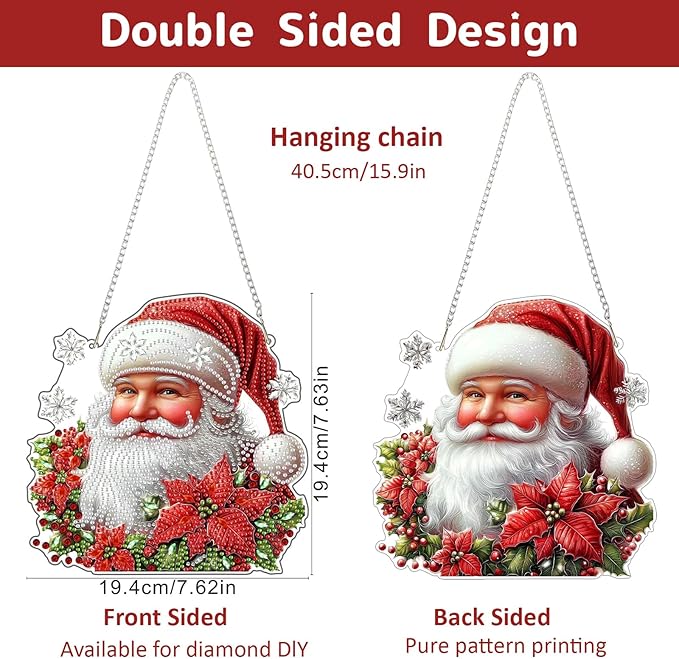 Christmas Santa Claus Diamond Art Hanging Kits for Adults, Diamond Painting Pendant Kits, DIY Acrylic 5D Special Shaped Crystal Diamonds Gem Art Painting Ornament for Home Wall Decor Gift
