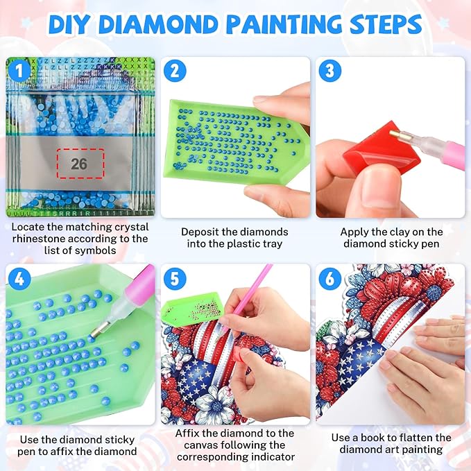 Bowetile 5D Patriotic Diamond Art Hanging Kits for Adults, Diamond Painting Heart Shape Flowers Pendant Kits, Special Shape USA Flag Gem Art Suncatcher Ornament for Home Window Wall Decor