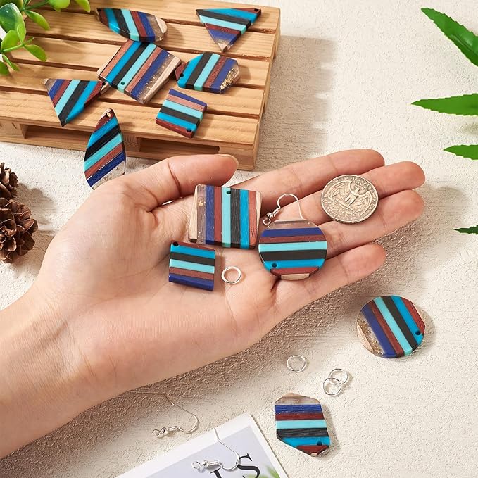 Beadthoven 52pcs Boho Wood Women Earring Making Kit, Striped Resin Wood Earrings Charms Pendants Natural Wood Cutouts Pieces Wooden Earring Blanks with Earring Hooks for DIY Jewelry Making Crafts