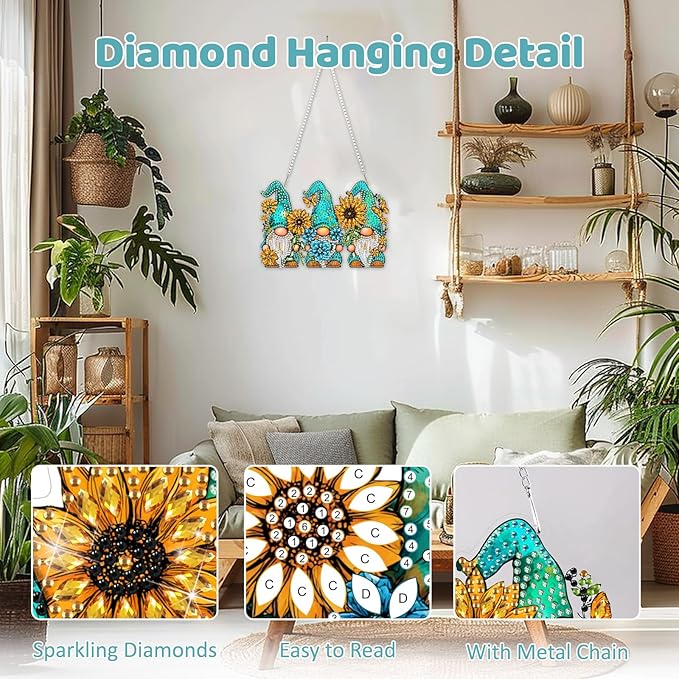MEIYUDA Gnomes Diamond Art Hanging Kits for Adult, Sunflowers Gnomes Diamond Painting Hanging Kits Ornaments, DIY Special Shaped Rhinestone Window Pendants kit for Home Garden Wall Decor Gift