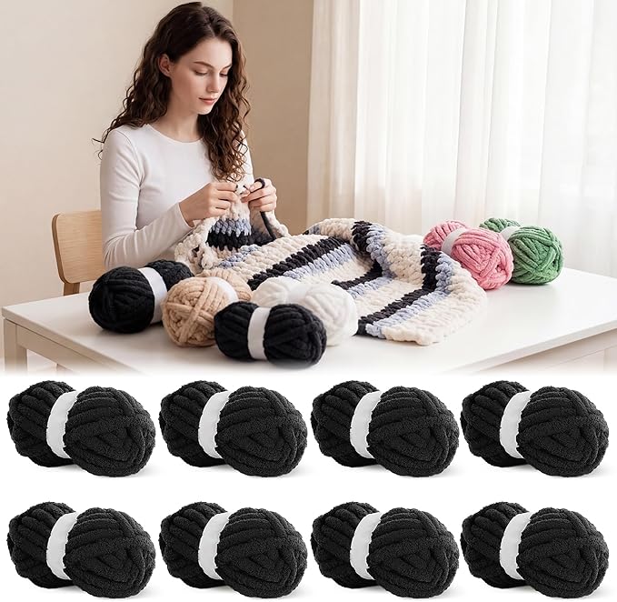 BALAPET 8 Pack Chunky Chenille Yarn for Crocheting & Knitting, 27yds 8 oz Each Skein Soft Fluffy Kitting Yarn Set, Thick Velvet Plush Yarn for Handcrafts Weaving Making Blankets, Black
