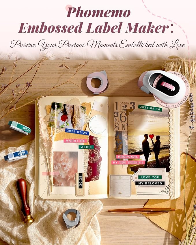 Phomemo Embossing Label Maker Machine, Scrapbook Junk Journal Supplies, Embossed Label Maker, 3D Retro Old School Embosser Labeler, Embossing Label Waterproof for Kid DIY Home School Office, Pink