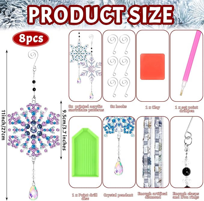 Uiifan 8 Pcs Winter Snowflake Diamond Art Kits 5d DIY Point Drill Painting Wind Crystal Wind Chimes Diamond Kit Double Sided Snowflake Ornaments with Crystal Pendant for Home Garden Hanging Decor