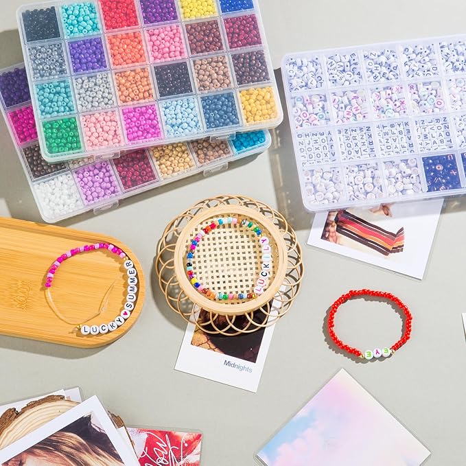 Goldwise Friendship Bracelet Kit 3 Boxes-8706 Pcs 48 Colors Bracelet Making Kits with Glass Seed, 5 Styles Letter and Number Beads with Charms, Gift Party