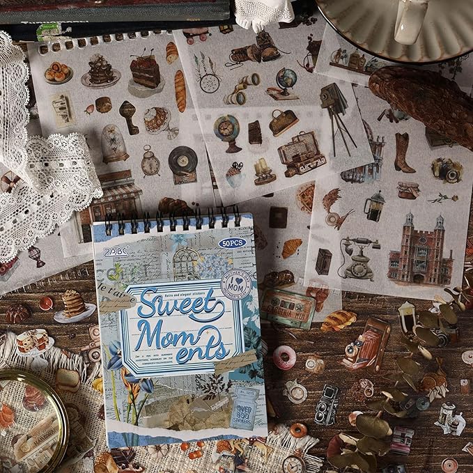 Uideyvi Sweet Series Sticker Scrapbooking Supplies for Junk Journal, 25 Sheets Washi Stickers and 25 Sheets PET Stickers(TZ-010-004)