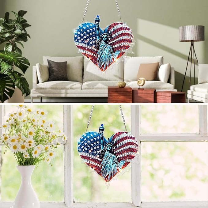 MXJSUA Statue of Liberty Diamond Painting Art Window Suncatchers, Diamond Art Kits for Adults Hanging Ornaments with Chain, 5D Special Shape Crystal Diamond Pendant Accessories for Decor Gift