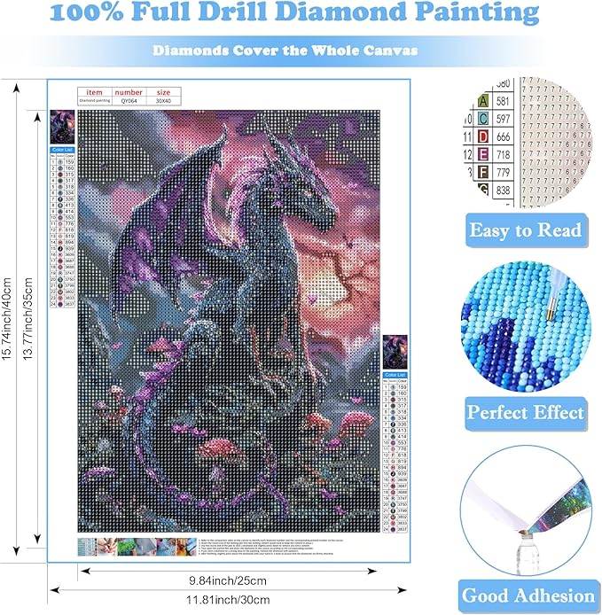 Purple Dragon Diamond Art Kits for Adults, Dragon Diamond Painting for Beginners, Diamond Dot, Gem Painting Kit, Crafts for Adults, Dimond Art Paintings Kit, Crystal Home Wall Decor Gifts (12x16inch)