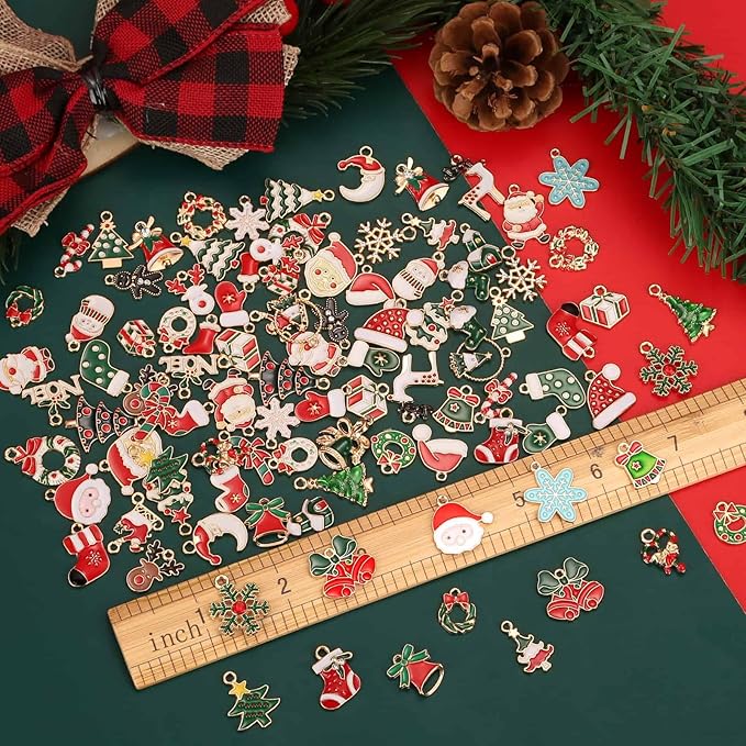 Acejoz 100Pcs 50 Pairs Christmas Charms for Jewelry Making and Bracelets, Gold Enamel Jewelry Pendants for Xmas Earring Bracelet Necklace Craft Making