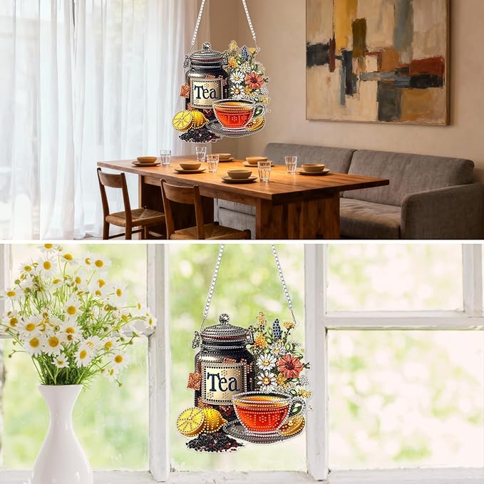 MXJSUA Tea Diamond Art Hanging Kits for Adults Beginners, Crystal Diamond Suncatchers, Special Shape Diamond Painting Pendant Window Ornament Gifts for Home Garden Door Wall Decor