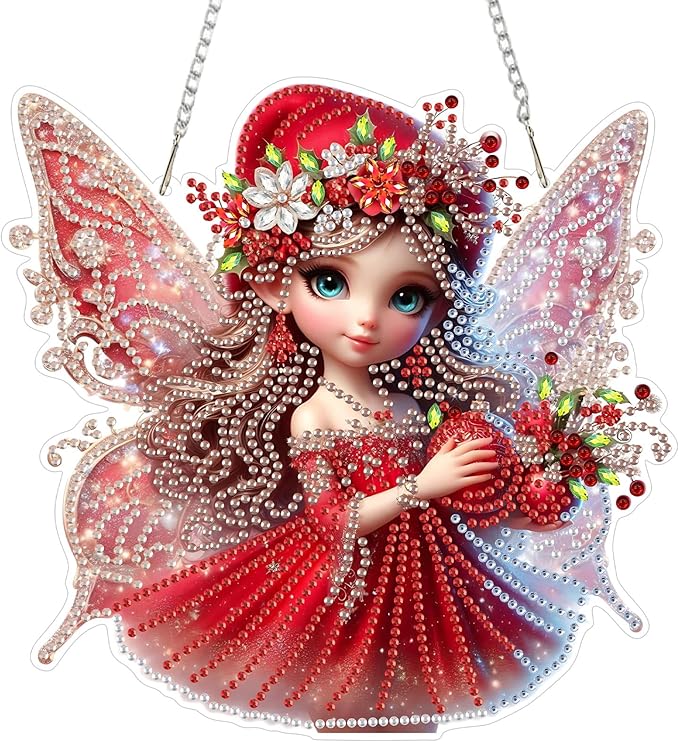 SENQAO Fairy Diamond Art Hanging Kits for Adults, Christmas Diamond Art Suncatchers, 5D Special Shape Diamond Painting Pendant Window Ornament Gifts for Home Garden Door Wall Decor