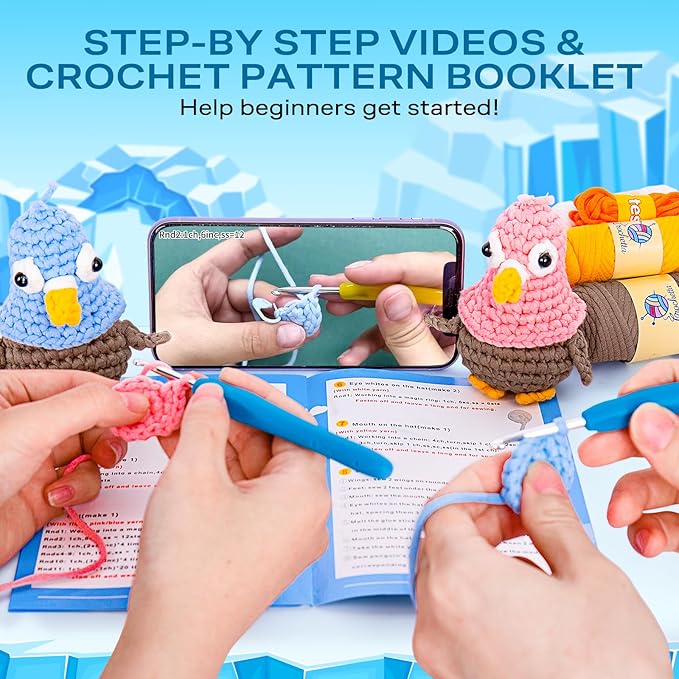 Crochetta Crochet Kit for Beginners, Crochet Kit w Step-by-Step Video Tutorials, Crochet Starter Kit Learn to Crochet Kits for Adults Kids Beginners, Jumbo 2 Penguins Familly (40%+ Yarn Content)