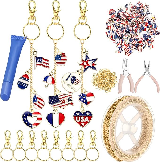 VioraWhite 213 Pcs 4th of July Lip Gloss Keychain Making Kit 250th Anniversary 100 Red White Blue Enamel Charms 32.81 ft Chains for Independence Day Patriotic Decorations DIY Crafts Women