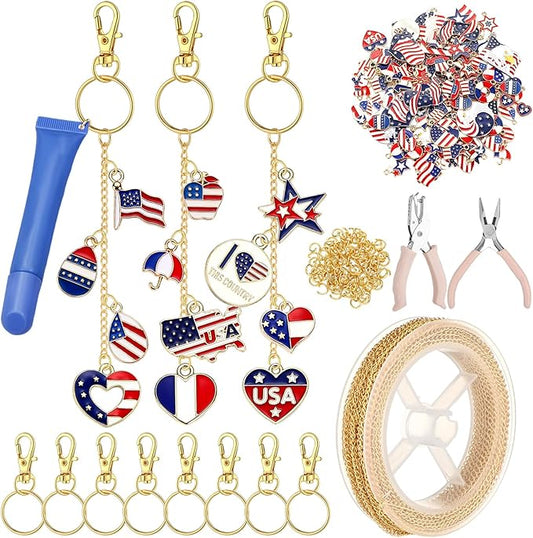VioraWhite 213 Pcs 4th of July Lip Gloss Keychain Making Kit 250th Anniversary 100 Red White Blue Enamel Charms 32.81 ft Chains for Independence Day Patriotic Decorations DIY Crafts Women