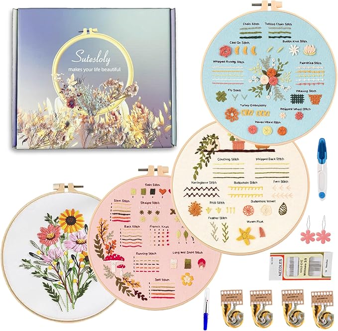 Sutesloly Hand Embroidery Kit for Beginners, 4 Sets Learn to Floral Patterns Simple Beginner Starter kit for Adults, 33 Stitches Easy Embroidery Practice Kit, 7.8inch Hoop, DIY Craft Gift for Women