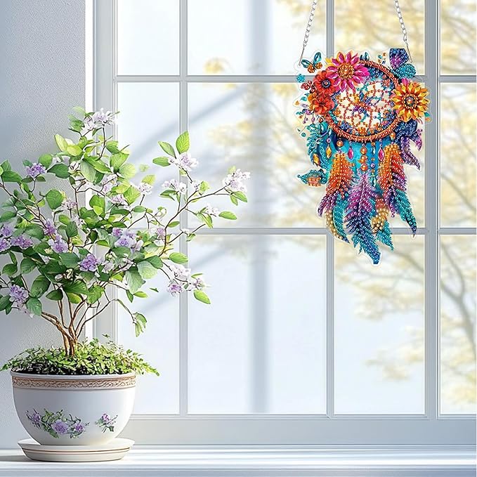 QENSPE Dreamcatcher Diamond Art Hanging Kits for Adults, 5D Special Shape Diamond Paingting Ornaments Kits with Chain, DIY Crystal Window Pendants for Home Garden Wall Decor Double Sided 8X8 inch