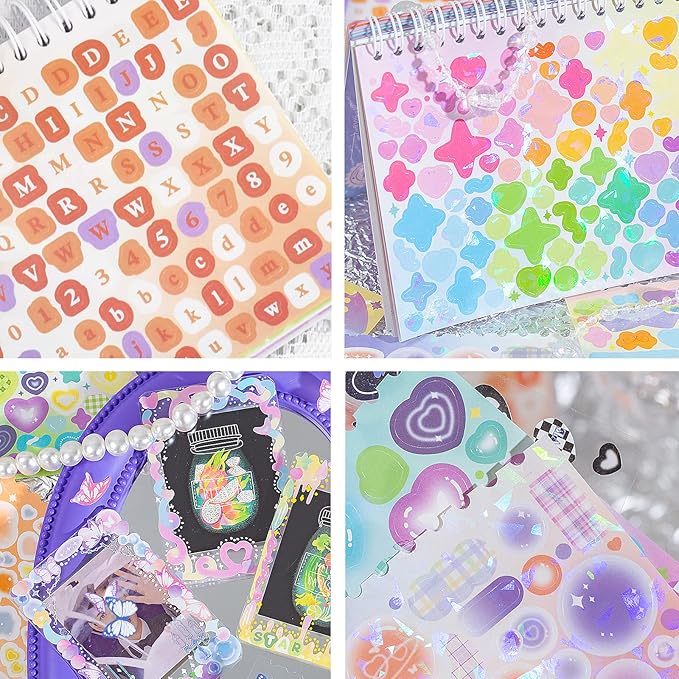 2500PCS Scrapbook Stickers Book - Cute Butterfly Stars Heart Letter Glitter Self-Adhesive Korean Bows Ribbons Kpop for Kids Girls Boys Aesthetic Craft Scrapbooking Junk Journal 50-Page