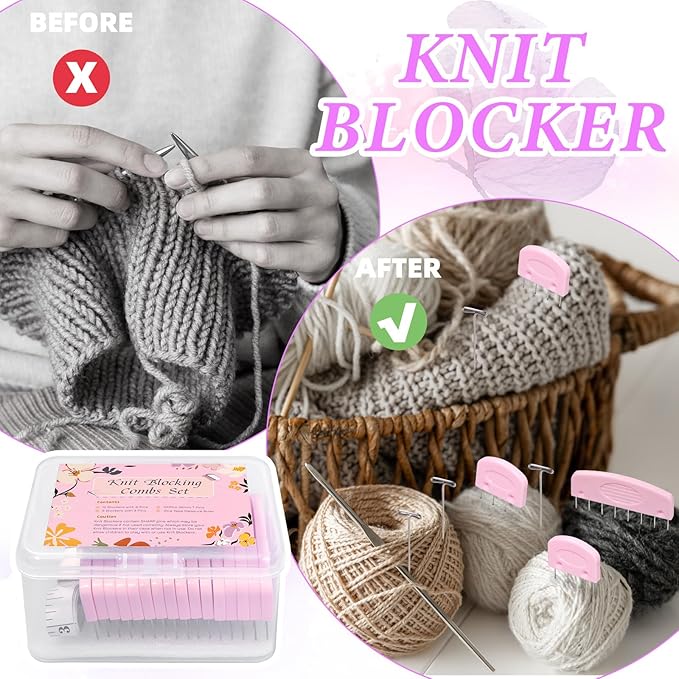 120 Pcs Knit Blocking Combs and Pins Set, 20 Pcs Pink Color Knit Blockers Pins Kit, 100 T-pins for Blocking Knitting Crochet, Needlework Projects, Knitting Blocker Pins Tool for Blocking Mats