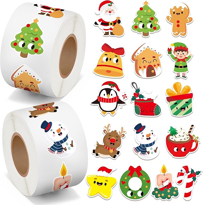 beyumi cute christmas sticker roll - 1000pcs christmas holiday stickers in 2 rolls waterproof vinyl xmas cute santa claus snowman candy cane decals gift party laptop bottle scrapbooking decor for kids