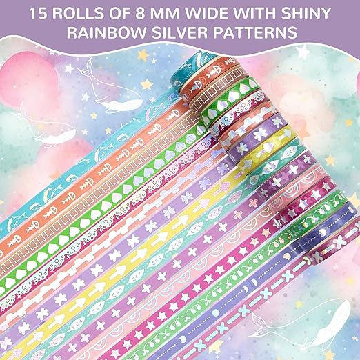 wapetashi 50 rolls washi tape set, silver cute washi tape for scrapbooking, bullet journal, planner, gift, rainbow masking decorative tape for kids