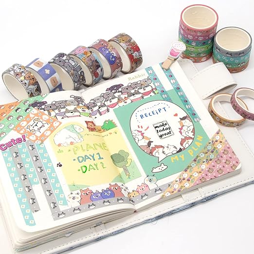 wapetashi cute washi tape set - 24 rolls kawaii animals gold foil decorative masking tape for journaling, scrapbooking, kids diy crafts, aesthetic supplies, planners, bullet journal