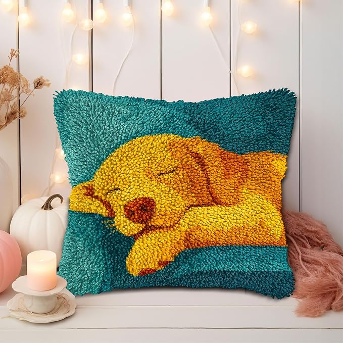 DIY Latch Hook Pillow Kits for Adults Sleeping Golden Retriever Puppy on Sofa Printed Pillowcase Crochet Yarns Hooking Handmade Pillow Cover Cushion for Home Sofa Decor 17x17inch(3)