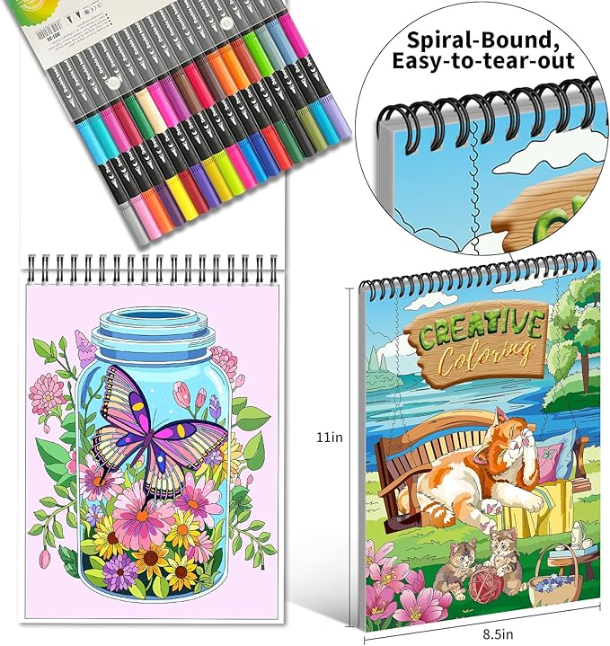 Kalysky Adult Coloring Book with Markers - Spiral Bound Coloring Book for Adults Relaxation with 36 Premium Markers | Stress Relief, Art Therapy, Mindfulness Gift