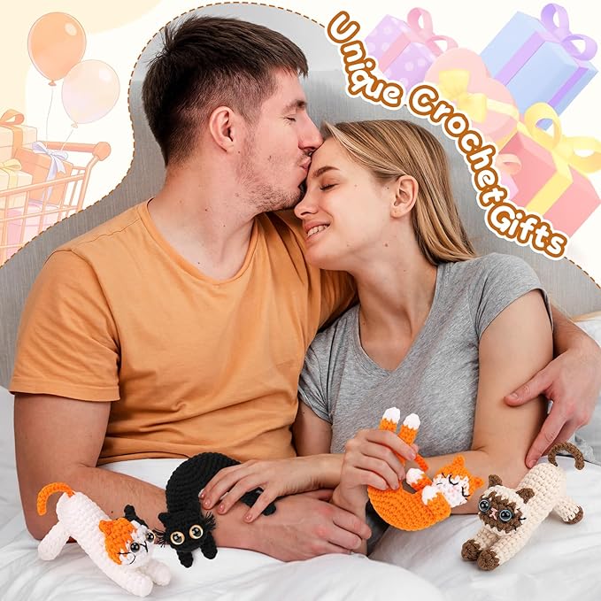Crochet Kit for Beginners - 4 PCs Cat Crochet Kits with Step-by-Step Video Tutorials, Beginner Crochet Kit for Adults Kids, Learn to Crochet Animal Kit, Creative Crochet Gift for Cat Lovers