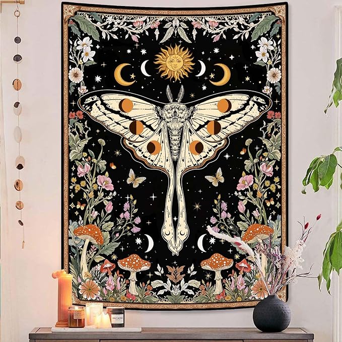 aipon boho moth tapestry vintage floral flowers tapestries aesthetic retro mushroom tapestries for bedroom sun and moon indie small tapestry wall hanging for living room dorm 40 x 30 inch