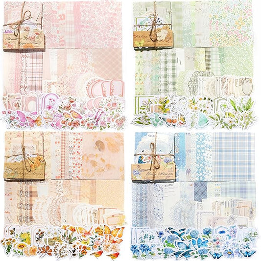 400 Pcs Floral Scrapbook paper & Stickers, 4 Packs Scrapbook Supplies Kit, Junk Journal Scrapbooking Paper for Journaling, Scrapbooking Embellishments, Planner, Card Making