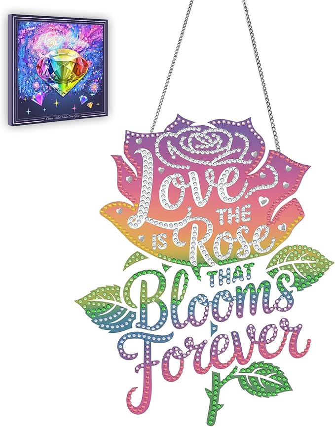 Ginfonr Diamond Painting Kits Hanging Pendant, Rose Diamond Art Kits for Adults, Special Shaped Rhinestone Valentine's Day Diamond Art, Double Sided Hanging Kits for Garden Wall Window 8 x 8 inch
