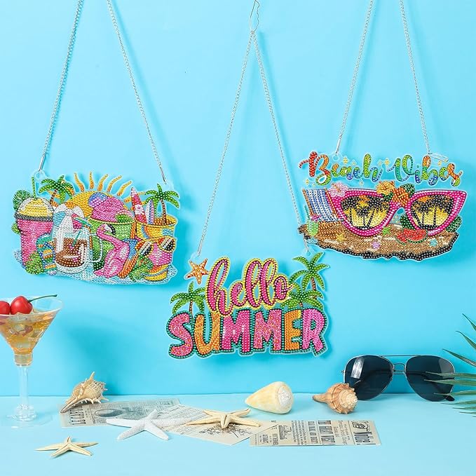 Burbell 3 Pcs Diamond Summer Beach Painting Kits Sunglasses Smoothie Diamond Art Hanging Ornament Sign DIY Painting Art Kits for Summer Adult Window Door Wall Decorations