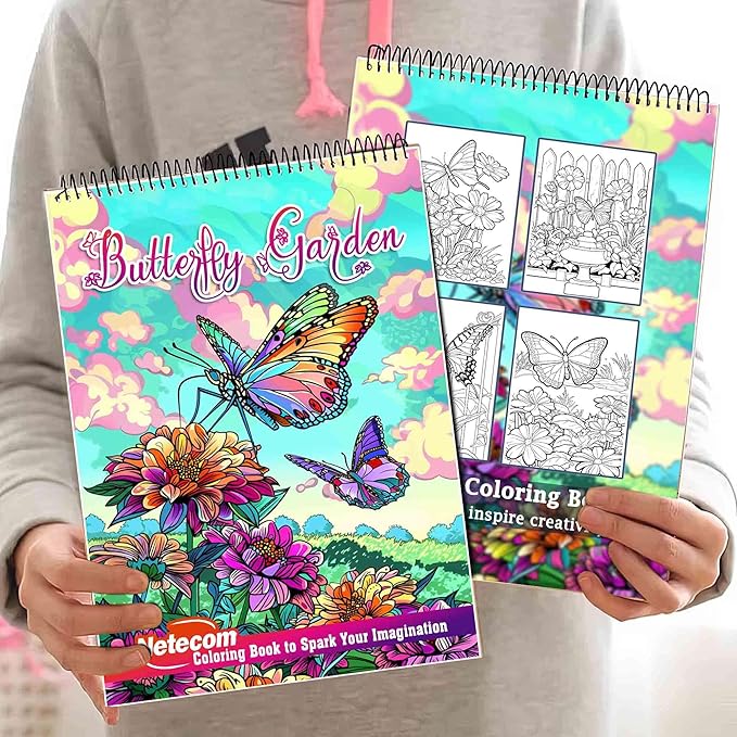 Netecom Butterfly Garden Adult Coloring Book for Adults, Spiral Bound Softcover, 30 Detailed Butterfly Garden Scenes for Stress Relief and Relaxation