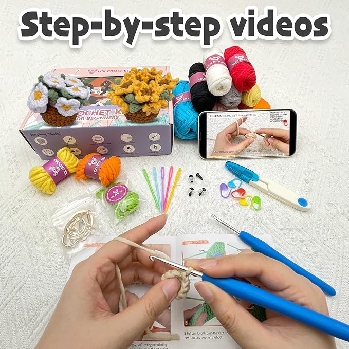 Crochet Kit for Beginners, Learn Crochet Flower Coaster Kit, Include Video Tutorial & Manual, Easy Knitting Yarn for Adult Amigurumi, DIY Holiday Birthday Gift Idea(Sunflower & Daisy)