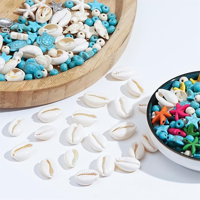 307Pcs Turquoise Sea Turtle Beads Blue and White Starfish Beads Tortoise Turtle Charms Summer Ocean Animal Spacer Bead for Jewelry Making DIY Bracelet Necklace(7 Strings)