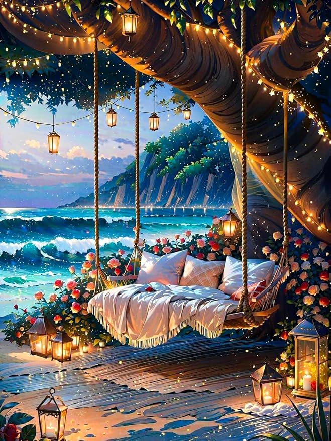 GEEHEIY Beach Diamond Art Kits for Adults, 5D Seaside Diamond Painting Kits for Beginner, DIY Full Drill Round Gem Art for Home Wall Decor 12 x16 Inch