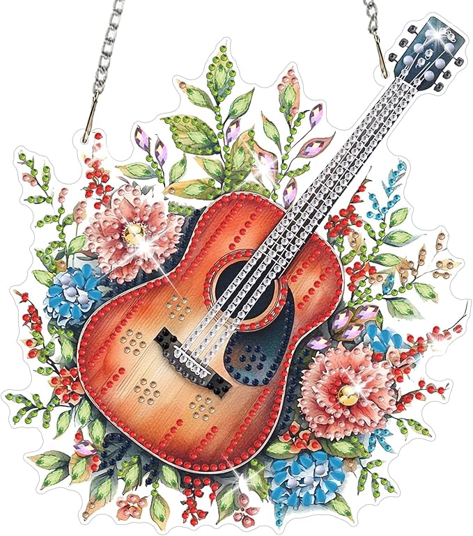 NAIMOER Diamond Art Hanging Kits for Adults Guitar Flowers 5D Special Shaped Rhinestone, DIY Acrylic Diamond Art Painting Window Pendants Home Garden Wall Hanging Ornament Kits, Double Sided