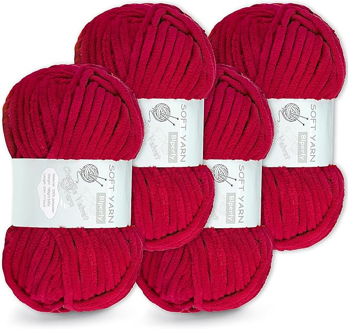 Chunky Chenille Yarn Velvet Soft Super Bulky Size 6 for Crocheting Knitting, Baby Blanket Yarn, 100g 71 Yds per Skein, Easy to Use for Scarves, Amigurumi, Crafts (4, Jujube Red)