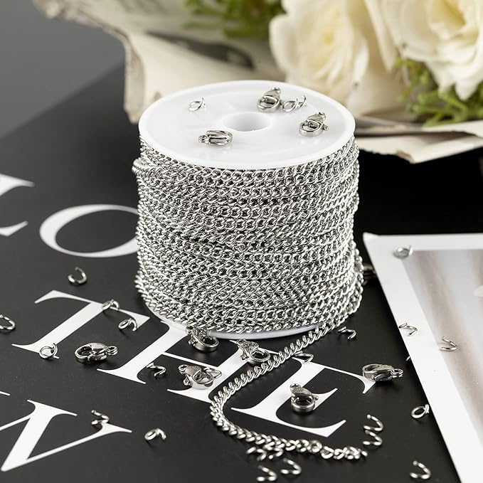 KYUNHOO 10m Silver Stainless Steel Jewelry Making Chains 3mm Wide Curb Necklace Chain for Men and Women Twist Cable Link Chain Spool with Jump Rings and Lobster Claps Jewelry Supplies