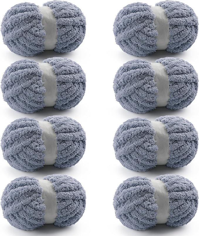 8 Pcs Chunky Yarn for Hand Knitting - Chunky Chenille Yarn for Crocheting - Fluffy Yarn for Crochet - Jumbo Yarn for Hand Knitting 25 yds 7.7 oz of Super Bulky Yarn (Blue Gray)