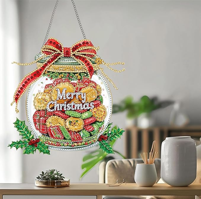 Bimkole Christmas Diamond Art Hanging Kit for Adult, DIY 5D Snacks Diamond Art Painting Window Pendant, Acrylic Crystal Art Hanging Ornament for Wall Home Garden Front Door Decor - 7.8x7.8 Inch