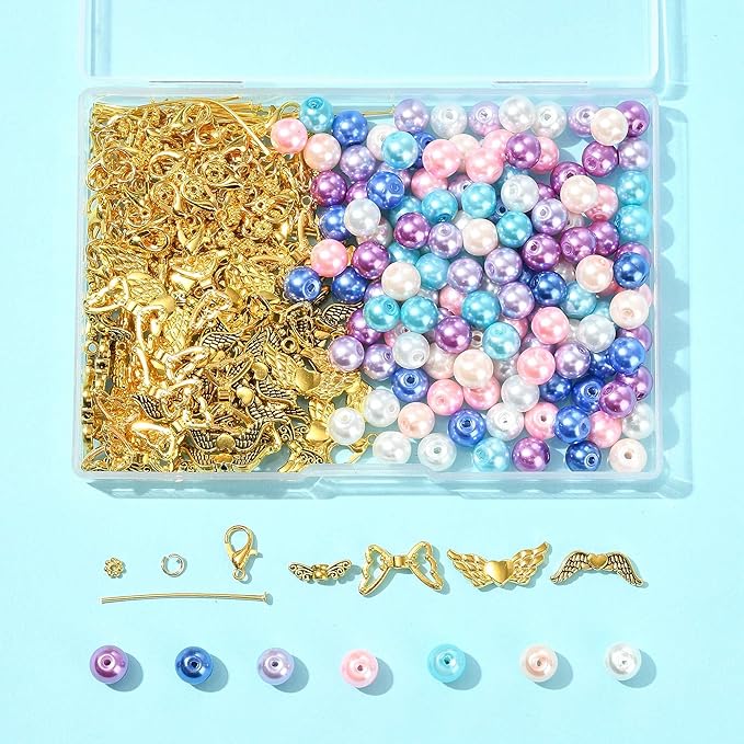 418Pcs Angel Jewelry Making Kit, DIY Pendants Charms Making Kits, Silver Colorful Beads Jump Ring Head Pins Findings for Bracelets Necklaces Earrings Crafting