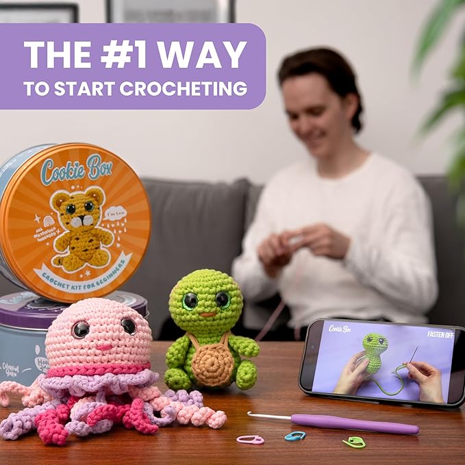 Cookie Box Original Crochet Kit for Beginners – Gift Set to Make Jellyfish Jenny Amigurumi Plushie – Easy DIY Crochet & Knitting Starter Kit with Video and PDF Tutorials
