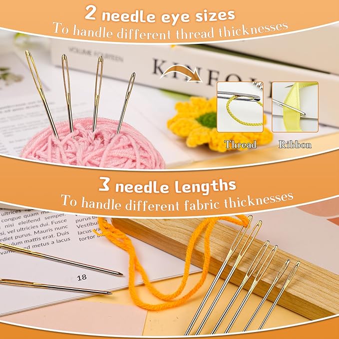 TLKKUE 12 Pcs/3 Sizes Large-Eye Blunt Needles, Steel Yarn Needle with Needle Threader, Tapestry Needle for Sewing Crochet Knitting Embroidery (Gold 2.08in/2.36in/2.76in)